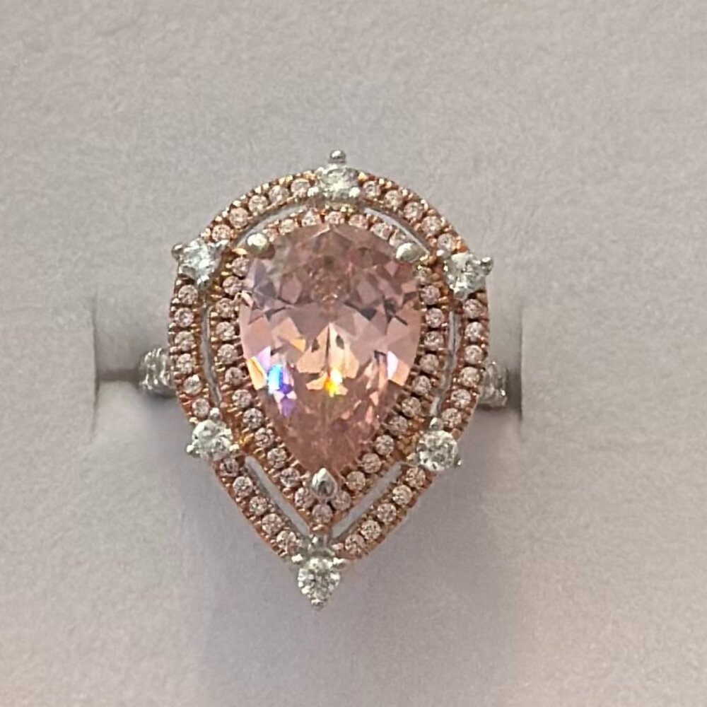 Tear Drop Morganite & CZ 925 Silver Ring